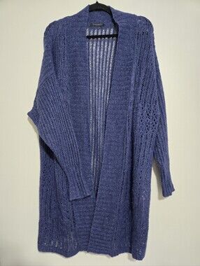 Marina Rinaldi Women's Blue Open Knit Longline Cardigan Sweater Aplaca Wool L